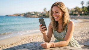 Mujer sonriente en la playa usando su teléfono móvil