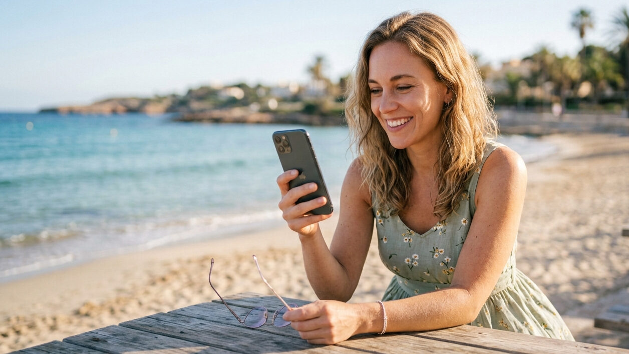Mujer sonriente en la playa usando su tel&eacute;fono m&oacute;vil
