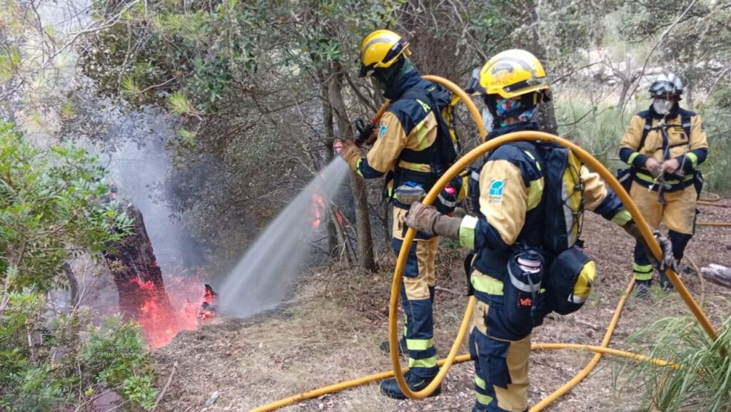 Bomberos trabajando para apagar un incendio forestal en Son Creus