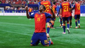 Jugador de España celebrando un gol en el Mundial 2026