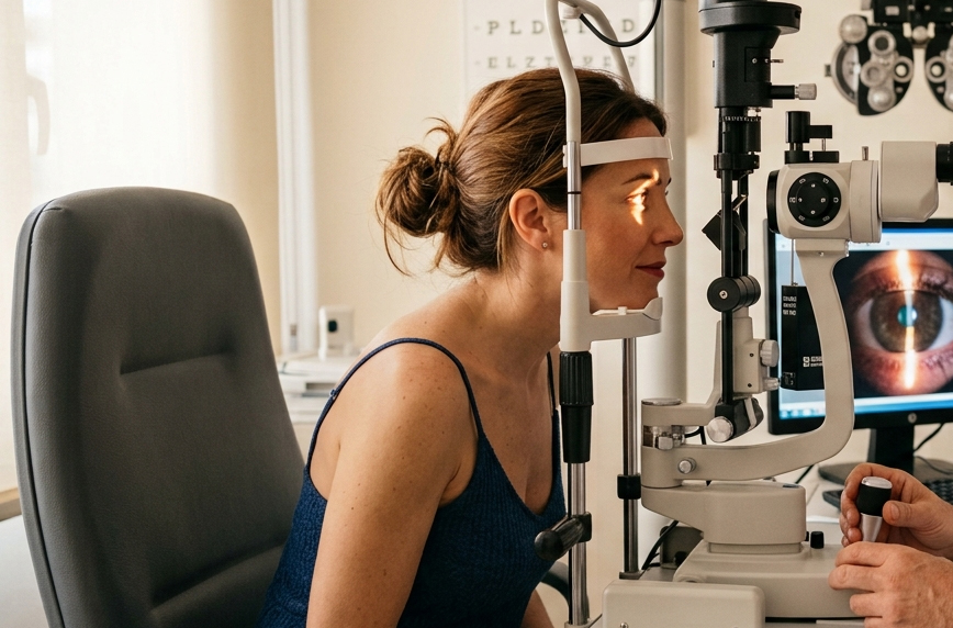 Marta en consulta de cirugía refractiva con equipo médico