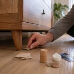 Hombre ajustando la pata de un mueble con materiales caseros