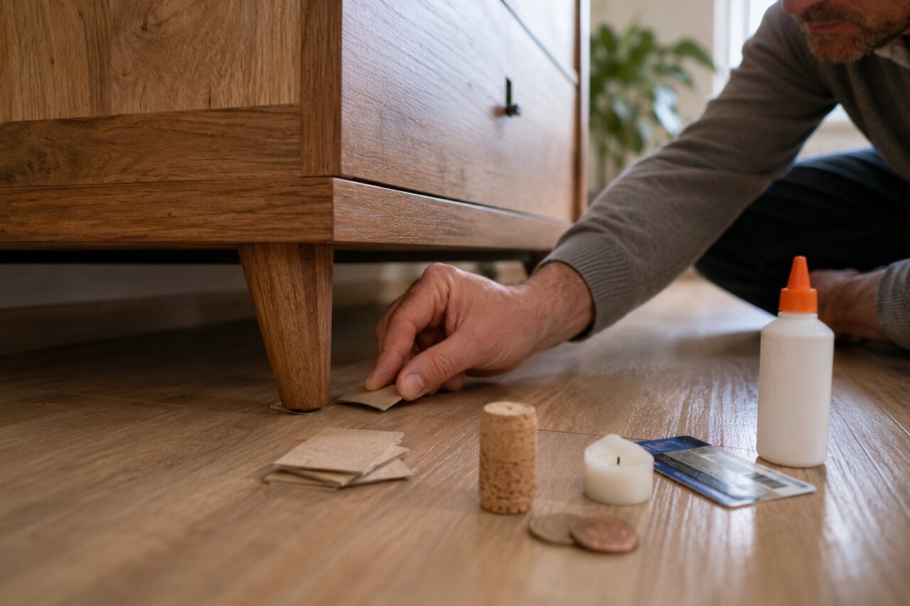 Hombre ajustando la pata de un mueble con materiales caseros