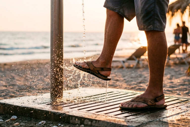 Persona lav&aacute;ndose los pies en una ducha de playa al atardecer