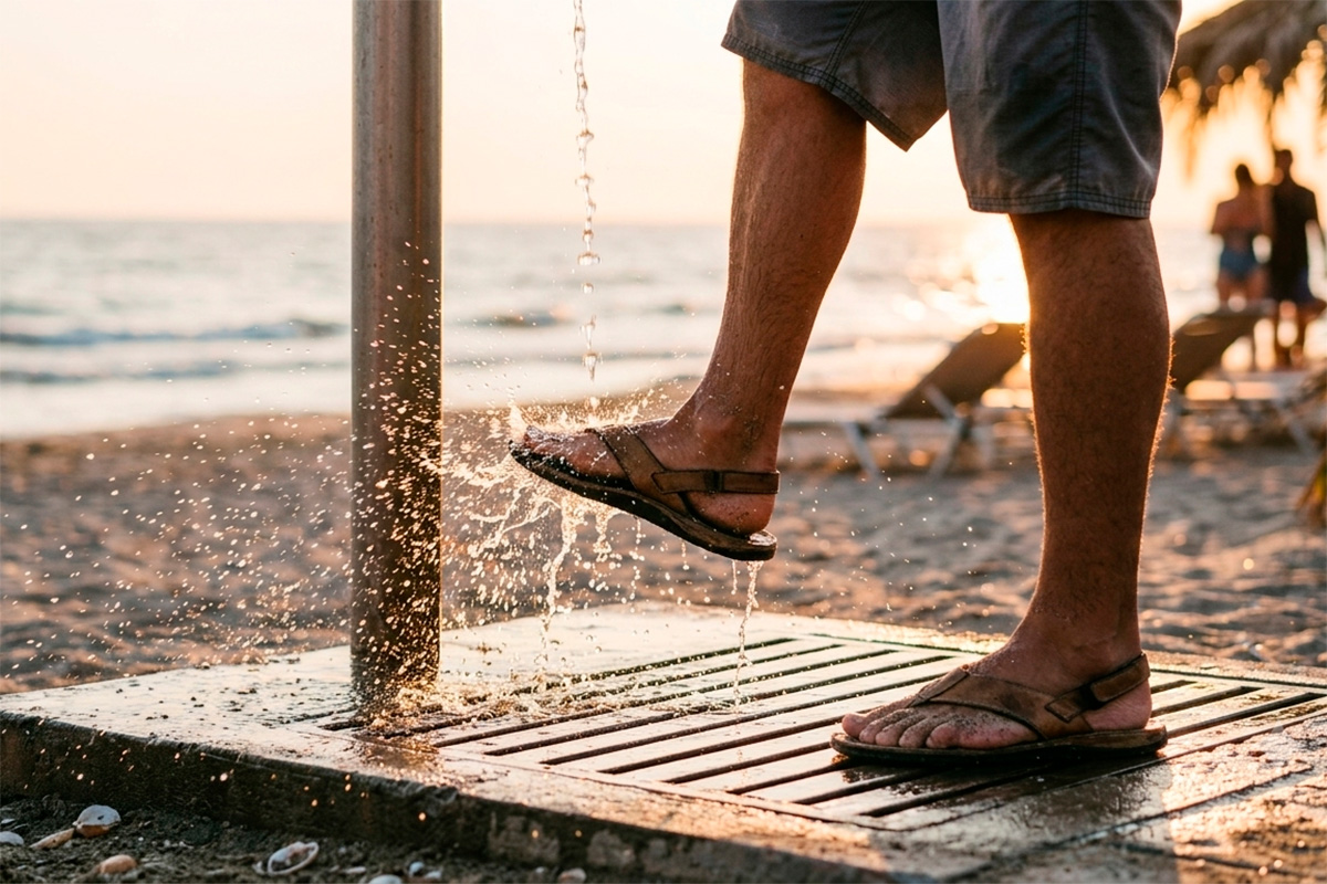 Persona lav&aacute;ndose los pies en una ducha de playa al atardecer