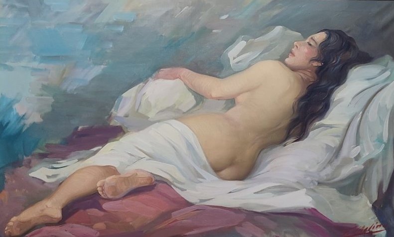 Pintura costera de Federico Molina mostrando una figura femenina en reposo