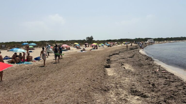 Playa de Es Trenc con sombrillas y personas disfrutando del sol