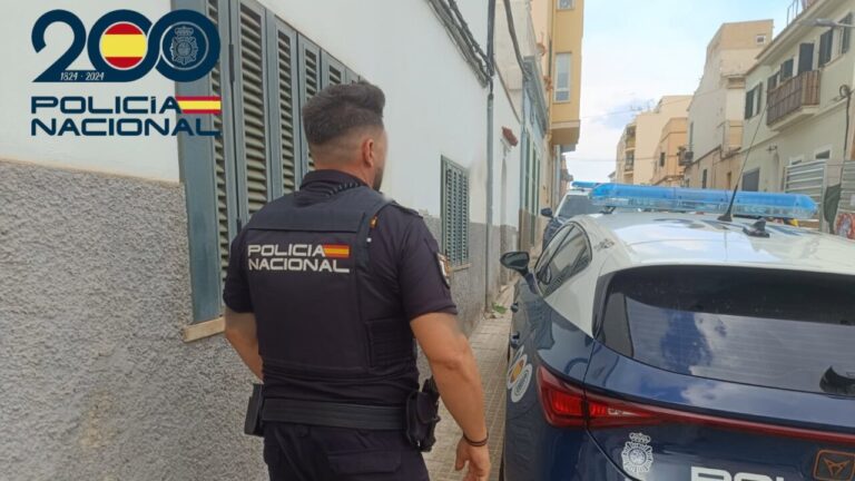 Agente de la Policía Nacional junto a un coche patrulla en Pere Garau