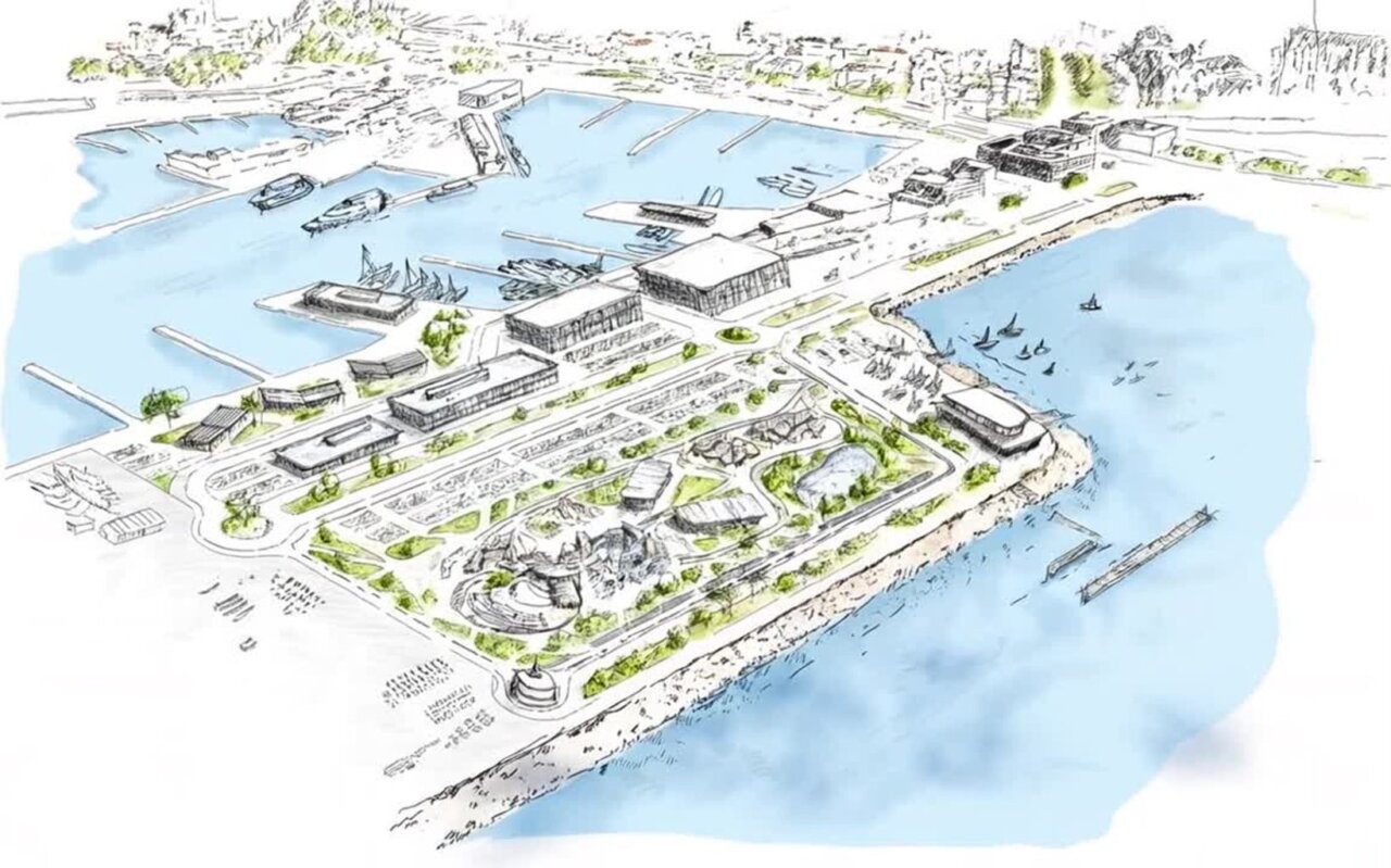 Render del nuevo diseño del puerto de Palma con espacios verdes y edificios modernos.