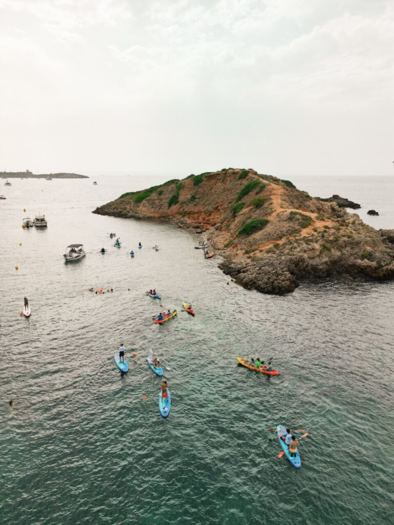 Voluntarios en kayaks y paddle surf limpiando el mar en Puerto Portals
