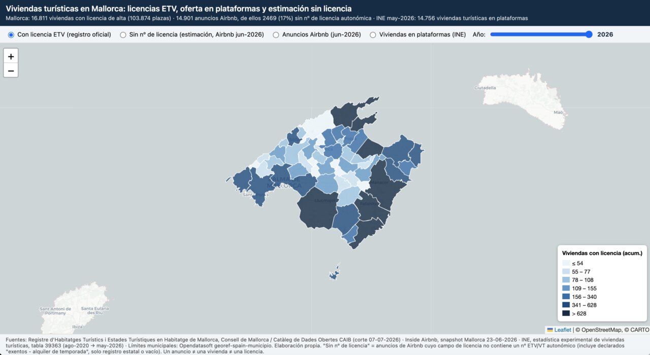 Mapa de viviendas turísticas en Mallorca con datos de licencias y anuncios