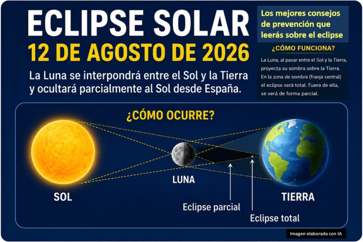 Infografía sobre el eclipse solar del 12 de agosto de 2026 con consejos de seguridad.