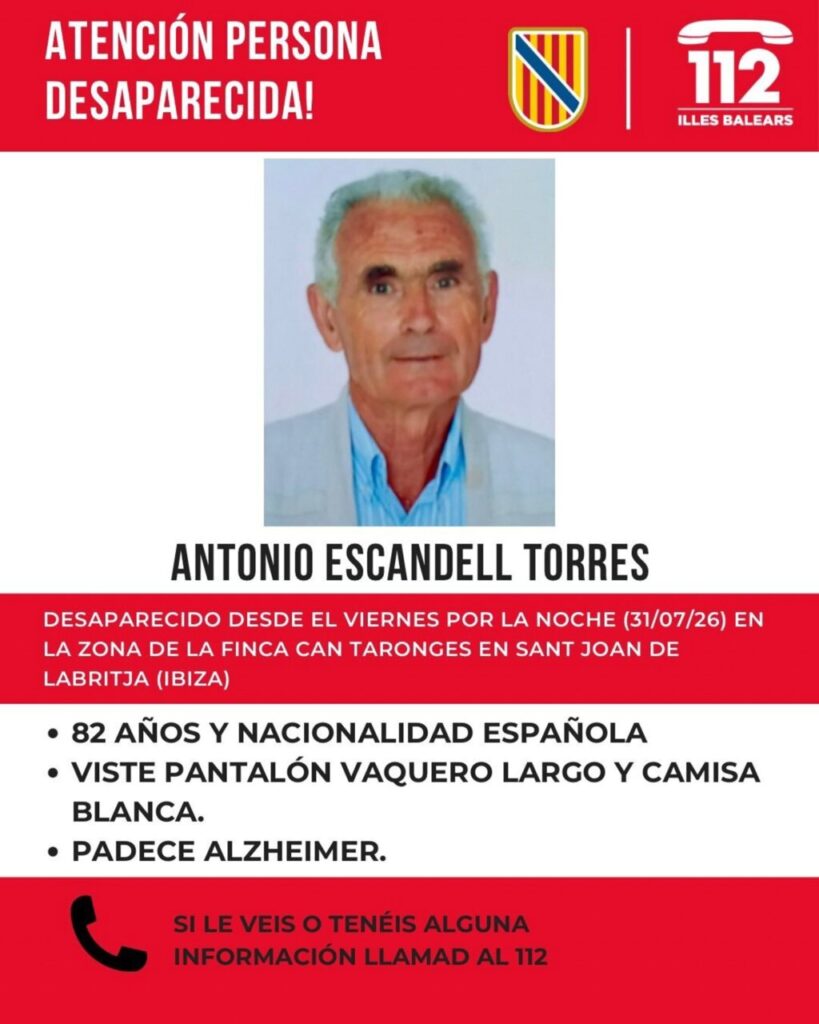 Cartel de búsqueda de Antonio Escandell, hombre desaparecido en Ibiza.
