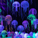 Medusas de colores brillantes flotando en el agua
