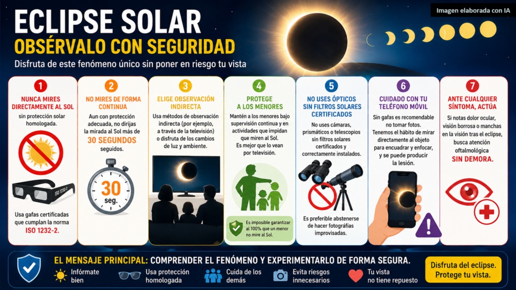 Infografía sobre consejos de seguridad para observar un eclipse solar.