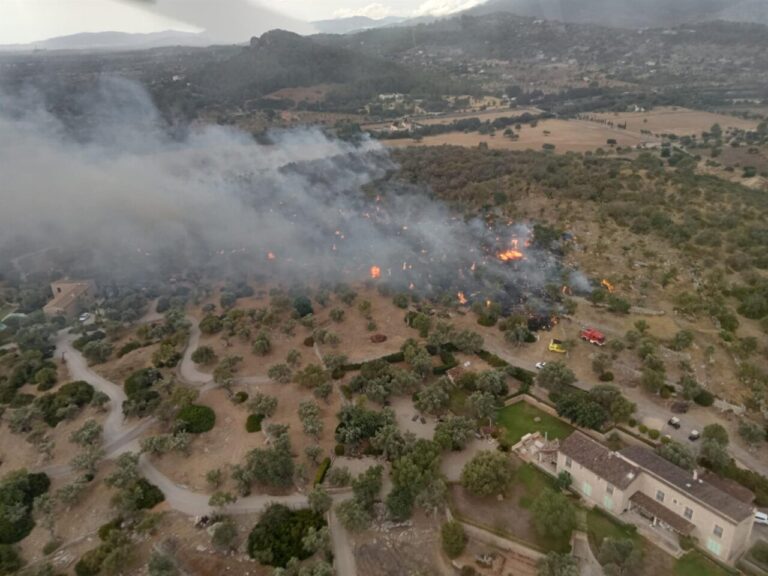 Vista aérea de un incendio forestal en Es Putxet con humo y llamas