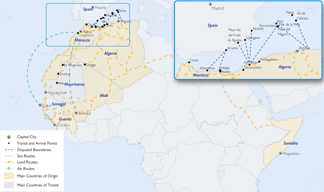 Mapa que muestra la ruta del Mediterr&aacute;neo Occidental hacia Baleares y Espa&ntilde;a.