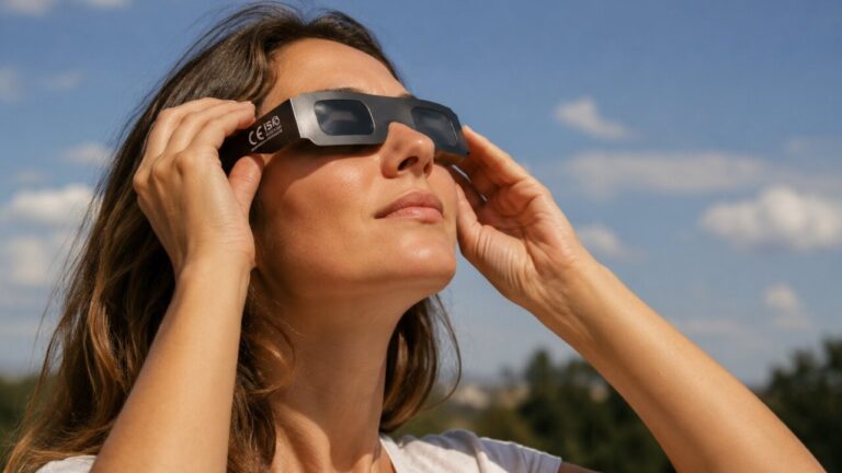 Mujer observando un eclipse solar con gafas especiales